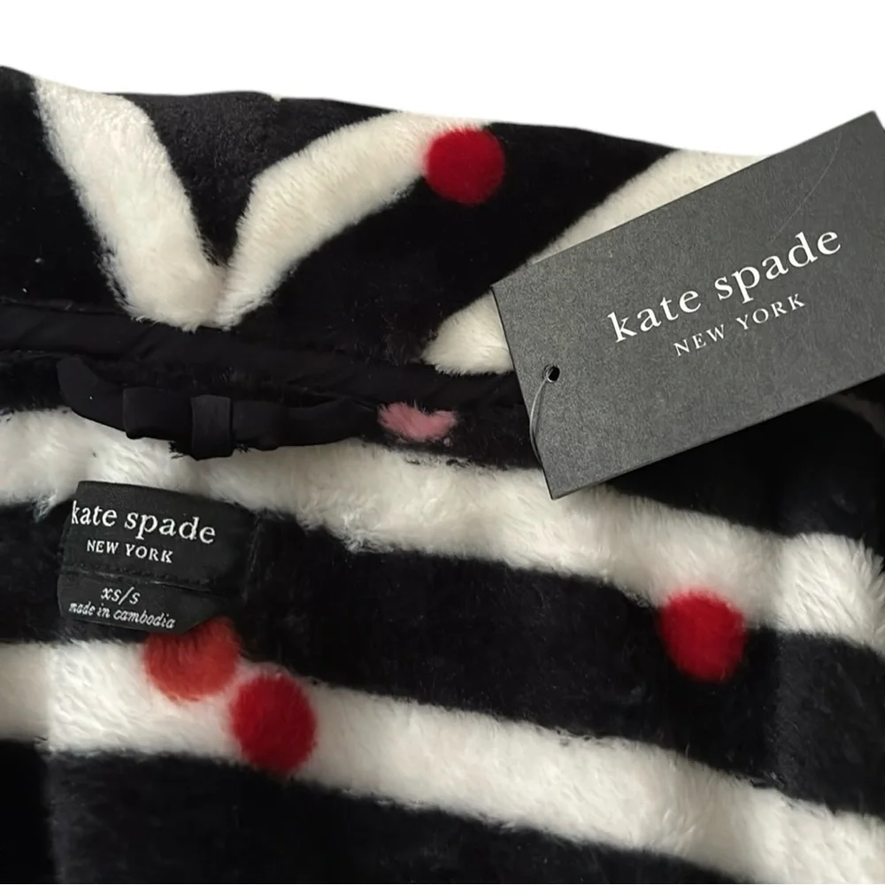 NWT Kate Spade Short Robe Black and White Striped with Pink and Red Accents
